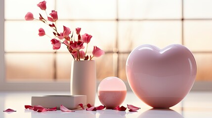 Minimalist Valentine's Day Composition with Heart-Shaped Decorations and Soft Natural Light.