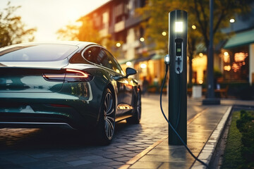 Modern fast chargers for electric vehicles for charging a car in an urban environment. Eco-friendly transport concept. - obrazy, fototapety, plakaty