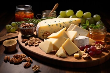  a platter of cheese, nuts, grapes, and honey sits on a table next to a jar of honey and a glass of wine on a wooden table.