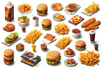 Fast food, street food 3d vector icon set. Pizza, roasted turkey, hamburger, scrambled eggs, brocheta, fried fish, tacos, french fries