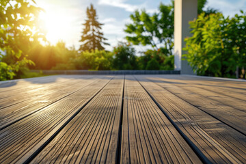Wooden floor summer veranda in a beautiful country house, a place for your product against the...