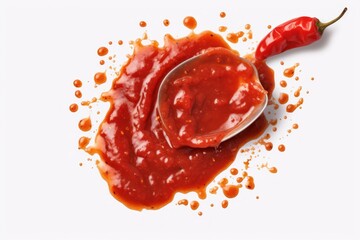  a spoon full of ketchup sitting on top of a pile of ketchup next to a red pepper on top of a white counter top of ketchup.