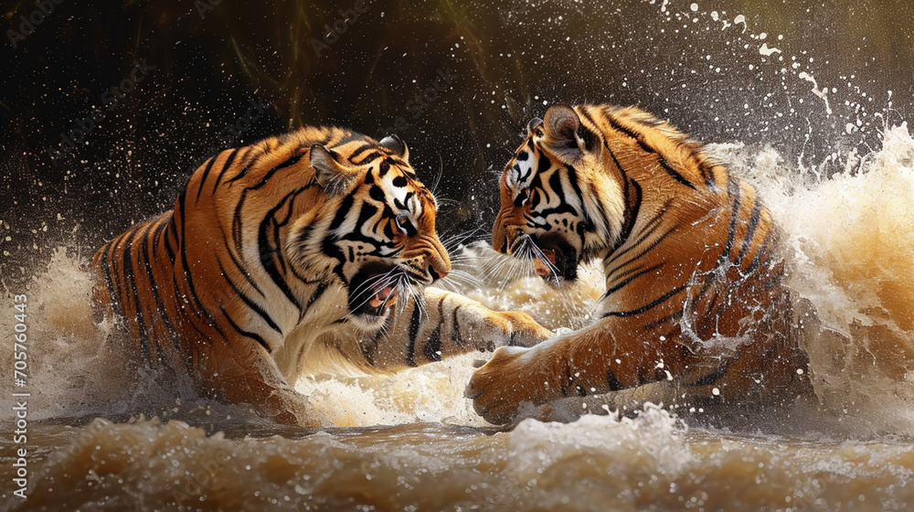 Sticker Two tigers playing in the water