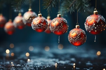  a group of red and gold ornaments hanging from a christmas tree with snow on the ground and a pine branch in the foreground with lights in the foreground.