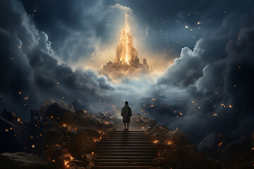 Person walking up stairway to heaven through clouds - 705760413