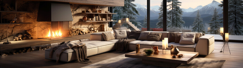 Banner, living room interior in a modern house with panoramic windows, a sofa, a fireplace,...