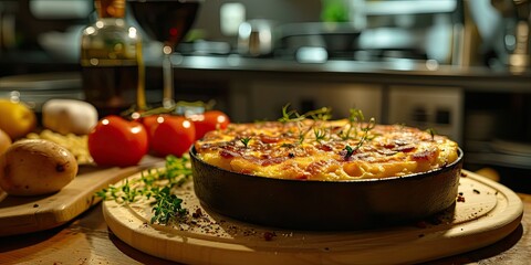 Calentita Gastronomy: A traditional kitchen setting with a savory chickpea cake - Savory Gibraltar Tradition - Soft, ambient lighting conveying the timeless appeal of this culinary gem