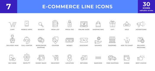 E commerce, online shopping elements line icon set collection. modern simple web sign, symbol icon.