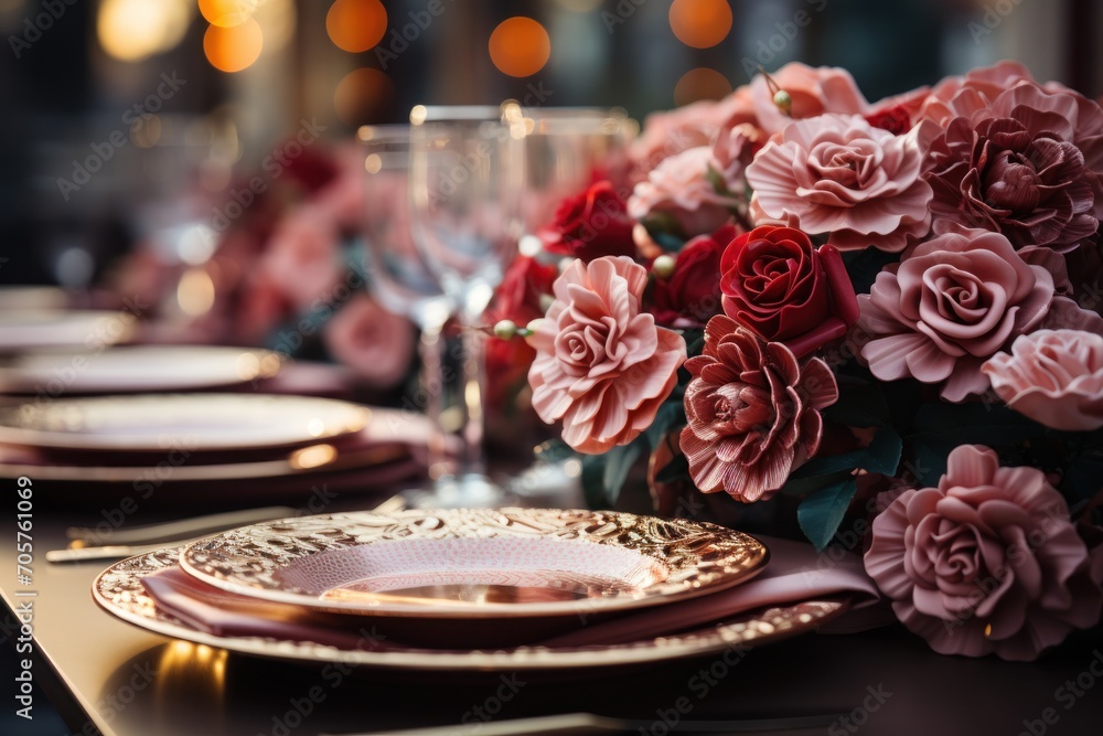 Poster a close up of a table with a bunch of flowers on it and a vase of flowers in the middle of the table