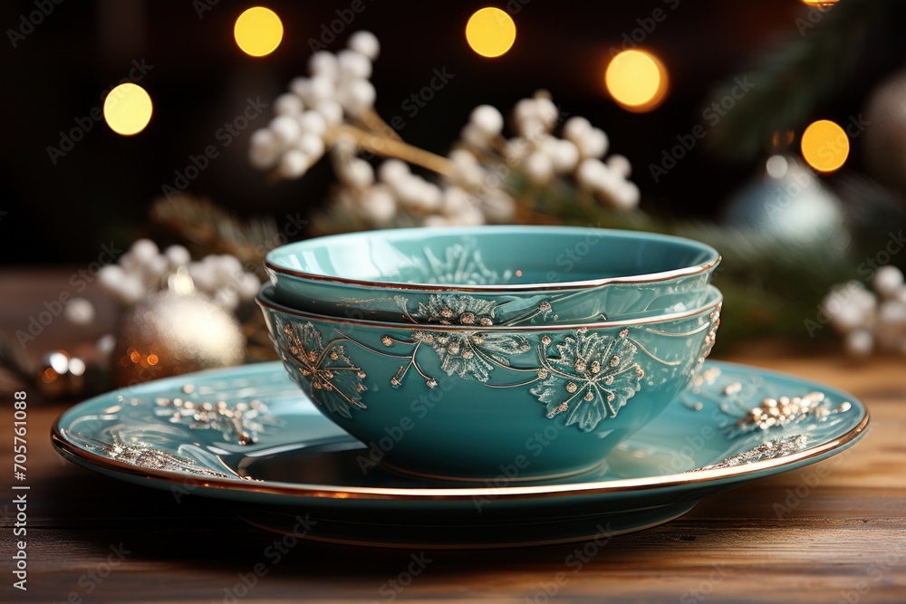 Poster a close up of a tea cup and saucer on a table with a christmas tree in the background and lights on 