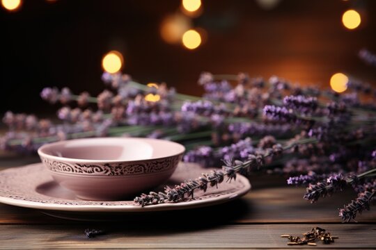  A Cup And Saucer Sitting On Top Of A Plate Next To A Bunch Of Lavender Flowers On A Wooden Table With A String Of Lights Overhead Lights In The Background.