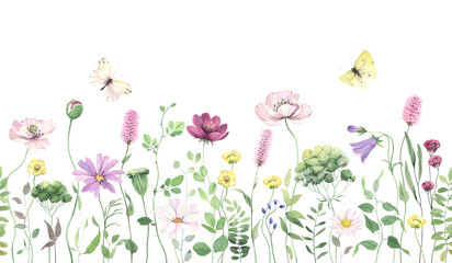 Wildflowers, green wild plants and flying butterflies, seamless pattern with colored flowers, watercolor isolated illustration, floral horizontal border, hand painting summer meadow, nature background - obrazy, fototapety, plakaty