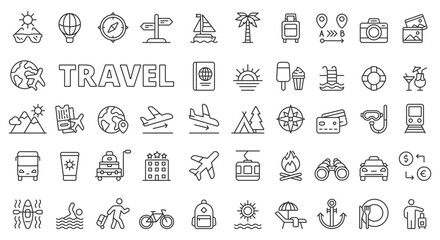 Fototapeta na wymiar Travel icons in line design. Vacation, tourism, tour, suitcase, holiday pictograms isolated on white background vector. Travel editable stroke icon.