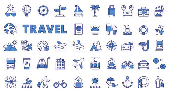 Travel icons in line design blue. Vacation, tourism, tour, suitcase, holiday pictograms isolated on white background vector. Travel editable stroke icon.