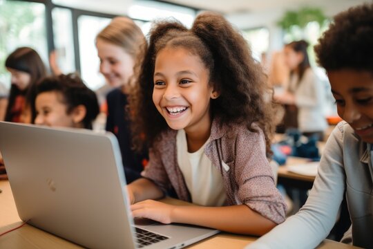 Portrait Of Smiling African American Girl Using Laptop In Classroom, Enthusiastic Kids Of Different Nationality Working On Technology Project At School, AI Generated