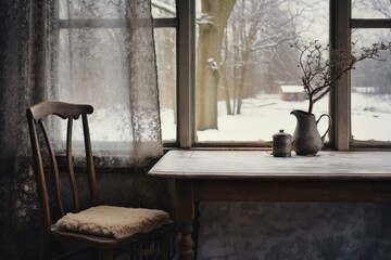 Vintage table and chair in front of the window in winter, Empty table and winter window in background, AI Generated