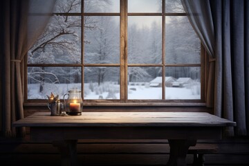 Wooden table in front of window with winter landscape in the background, Empty table and winter window in background, AI Generated