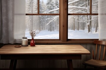 Wooden table and red vase with dried flowers in front of winter window, Empty table and winter window in background, AI Generated