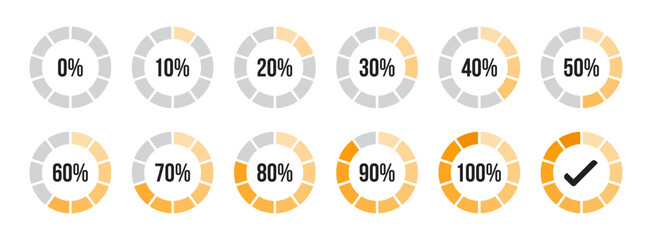 Percentage infographics in yellow color shades. Circle loading or circle progress collection. Set of circle percentage diagrams for infographic 0 10 20 30 40 50 60 70 80 90 100 percent in yellow color