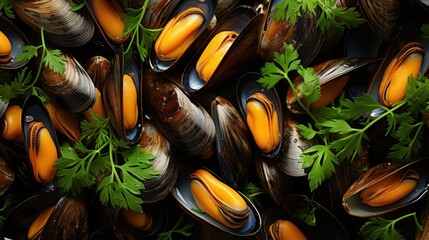  a close up of a bunch of mussels with some parsley on top of one of the mussels and one of the mussels on the other side of the mussels.