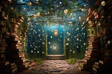 3d rendering of a girl standing in the middle of a tree surrounded by books, Enter a whimsical literary wonderland where floating books create enchanting pathways of words and ideas, AI Generated