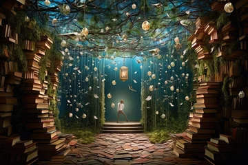 Foto auf Acrylglas Straße im Wald 3d rendering of a girl standing in the middle of a tree surrounded by books, Enter a whimsical literary wonderland where floating books create enchanting pathways of words and ideas, AI Generated