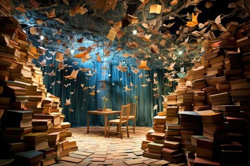 Pile of old books in a room with blue curtains. 3d rendering, Enter a whimsical literary wonderland where floating books create enchanting pathways of words and ideas, AI Generated