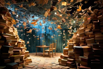 Gordijnen Pile of old books in a room with blue curtains. 3d rendering, Enter a whimsical literary wonderland where floating books create enchanting pathways of words and ideas, AI Generated © Iftikhar alam