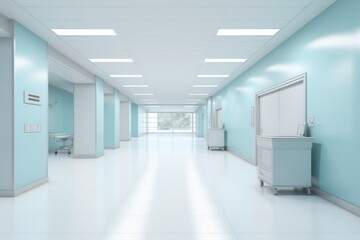 interior of a hospital corridor with blue walls and a white floor, AI Generated