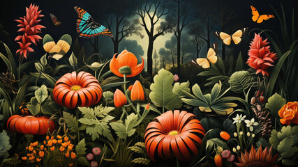 Obraz na płótnie Canvas Illustration of nature, plants, flowers and butterflies in a dark style.