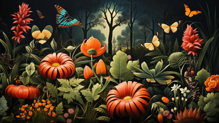 Fototapeta premium Illustration of nature, plants, flowers and butterflies in a dark style.