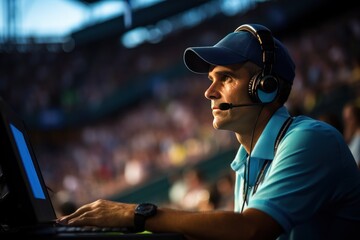 Man in blue uniform and cap sitting around tribunes, commentator working during tennis match, commenting game.