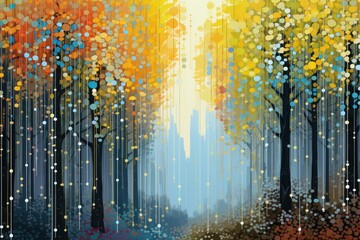  a painting of a colorful forest with lots of trees and a blue sky in the background with yellow, orange, and blue dots coming from the tops of the trees.