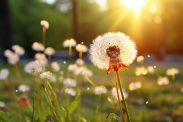  a close up of a dandelion in a field of grass with the sun shining through the trees and the grass blowing in the wind in the foreground.