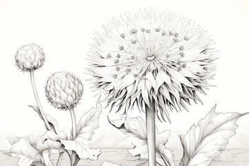  a black and white drawing of a dandelion with leaves and flowers in the foreground and a body of water in the back ground in the foreground.