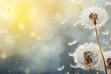 a dandelion blowing in the wind with a blue sky in the background and a yellow and white boke of light coming from the top of the dandelion.