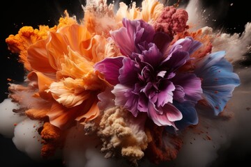  a close up of a bunch of different colored flowers on a black background with a white cloud in the middle of the image 