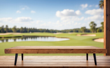 Fototapeta premium empty wooden table for product presentation on blurry golf course background