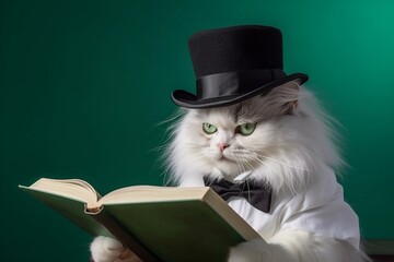 White fluffy cat in black hat reading a book on green background - obrazy, fototapety, plakaty