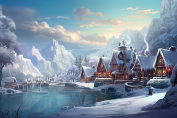 An exquisite painting capturing the serene beauty of a snowy village nestled by a shimmering lake., A snow-covered village with dainty cottages around a frozen lake, AI Generated - obrazy, fototapety, plakaty