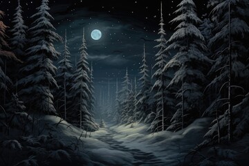 A serene painting capturing a wintry forest illuminated by a bright, full moon shining through the trees., A snowy forest with fir trees and a bright full moon, AI Generated