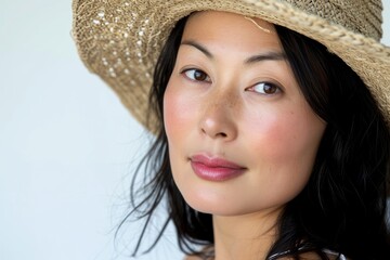Summer portrait of an Asian woman in a sunhat, white background