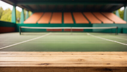 empty wooden table for product presentation with blurry tennis court background