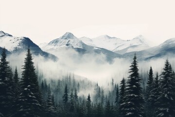 Fototapeta premium A stunning view of a majestic mountain range with lush trees in the foreground., A snowy mountainous landscape with pine trees, AI Generated
