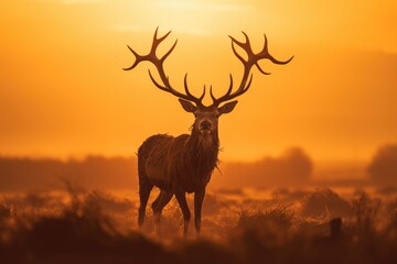 A striking image of a deer with long antlers standing confidently in a spacious field., A silhouette of a stag during the golden-hour sunrise, AI Generated