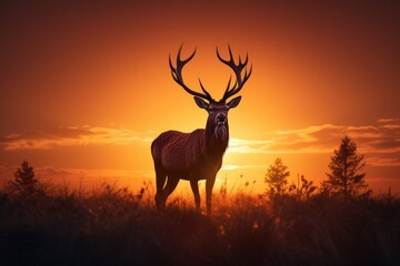 A beautiful, tranquil scene of a deer graciously standing in a field as the sun sets., A silhouette of a stag during the golden-hour sunrise, AI Generated