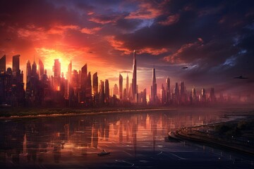 A breathtaking view of a modern, high-tech cityscape set against a stunning sunset backdrop., A skyscraper during sunset in a bustling city, AI Generated