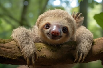 Fototapeta premium A cute baby sloth perched on a tree branch, showcasing its adorable and relaxed demeanor., A sloth hanging upside down from a tree branch, AI Generated