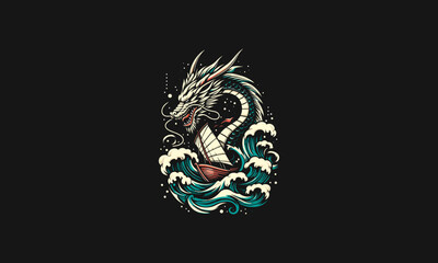 dragon and ship on sea vector artwork design - obrazy, fototapety, plakaty