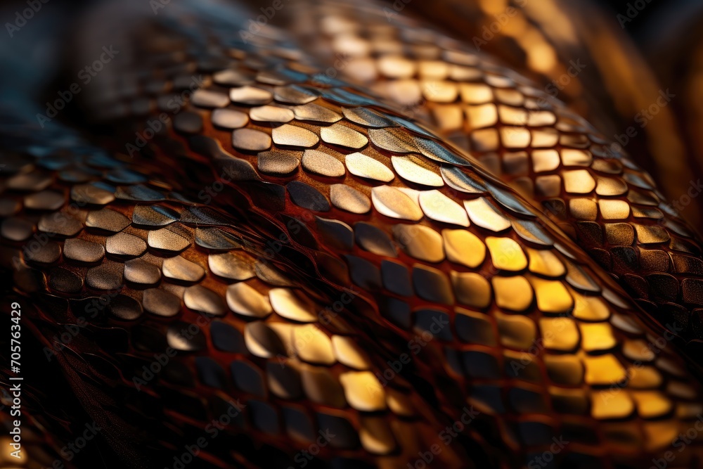 Poster A highly detailed close-up image showcasing the intricate pattern found on a snakes skin., A smooth and flexible texture of a snake's skin, AI Generated